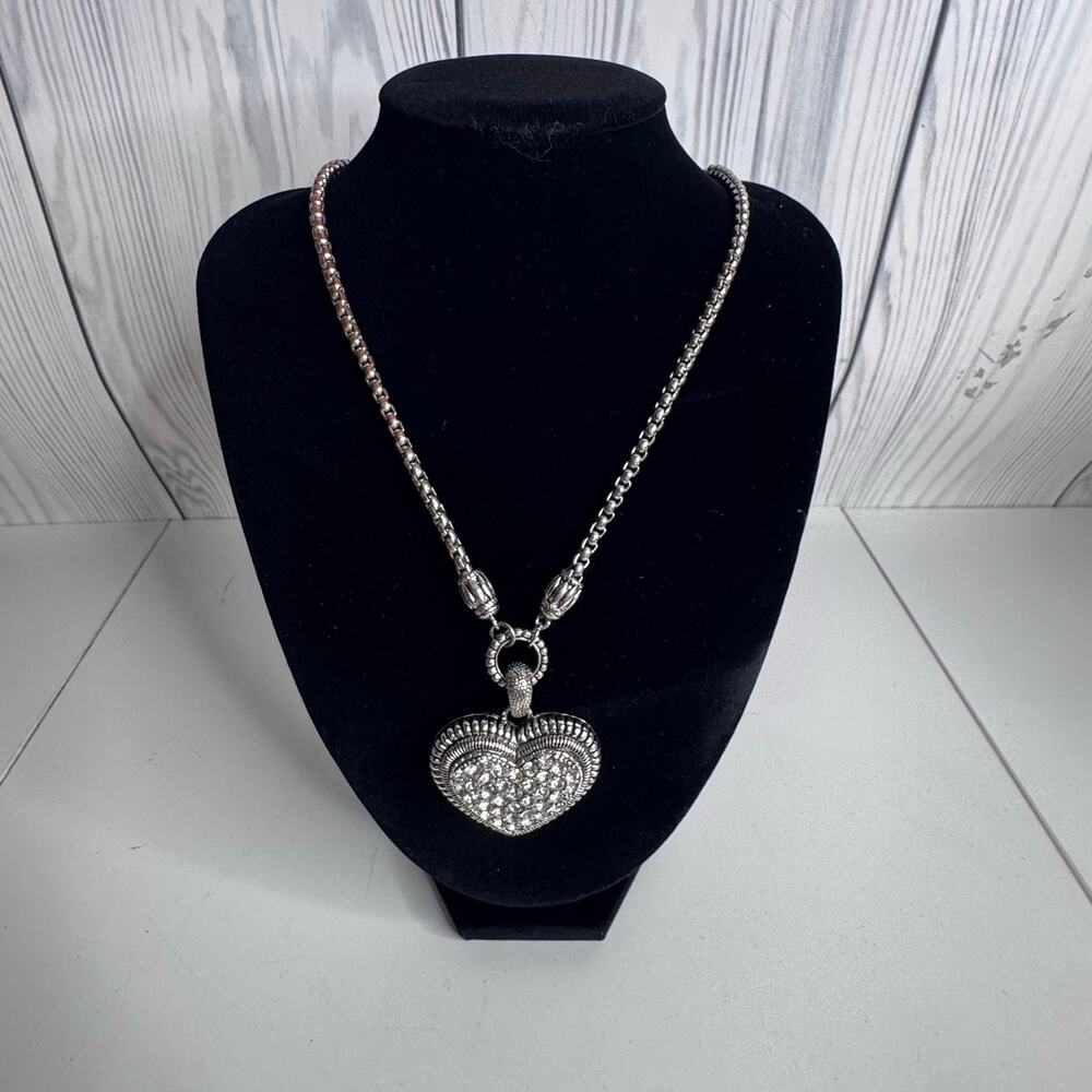 Y2K Rhinestone Statement Heart Necklace Silver Toned Pendant